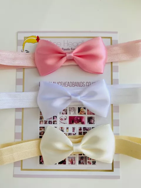 3 Satin Baby Bow Headbands Newborn - 36m Pink,Cream & White  UK Seller