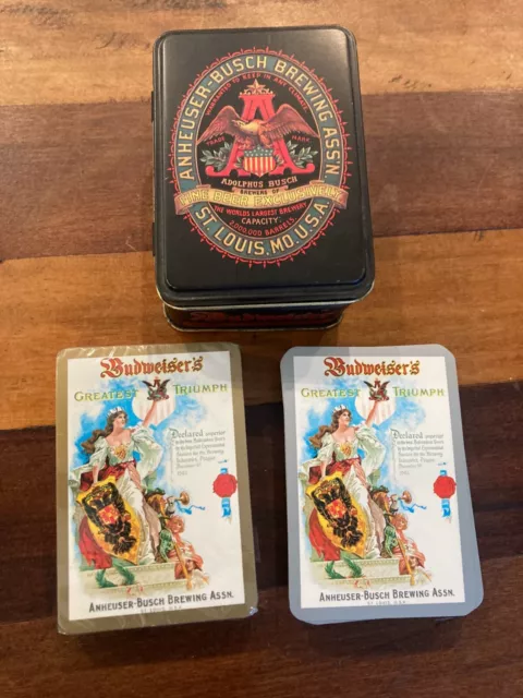 Anheuser-Busch Playing Cards in German Metal Tin 2 decks, one brand new
