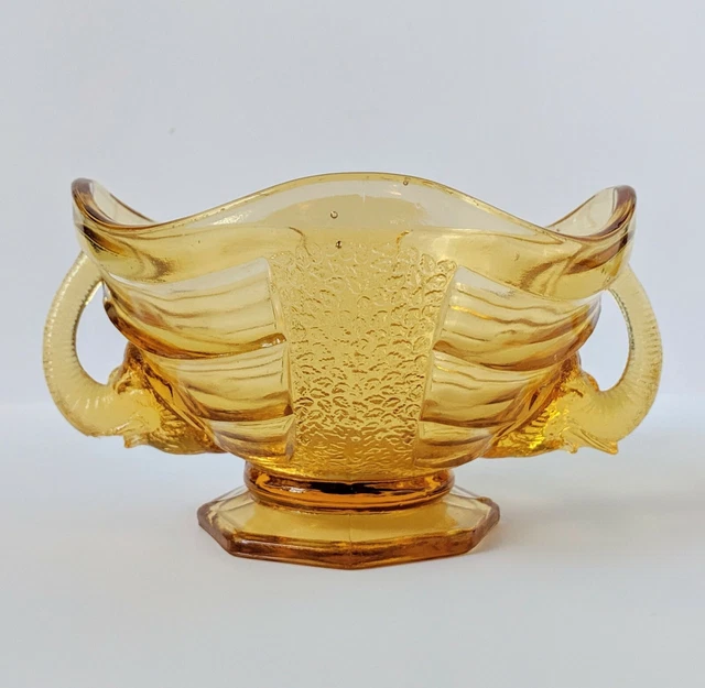 Vintage Sowerby Amber Art Deco Depression Glass Bowl  Elephant Handles