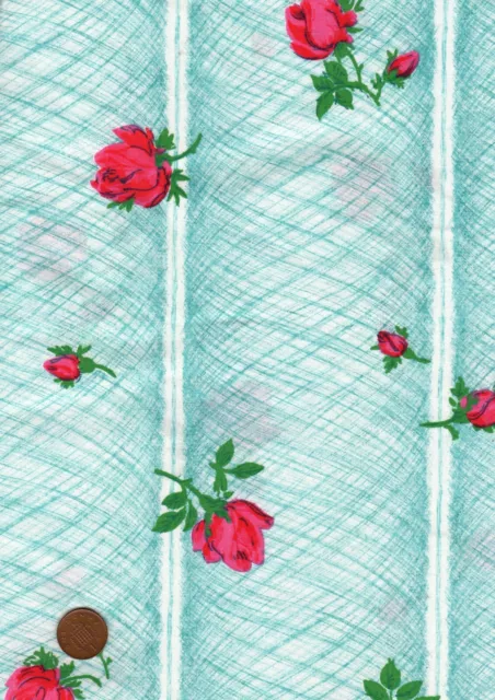 Glazed Cotton Dress Fabric Vintage 1950s Red Rosebuds Turquoise White Stripe