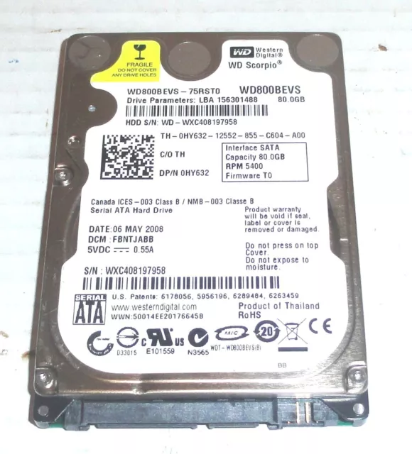 Western Digital WD800BEVS-75RST0 80GB Sata Hard Drive DCM: FBNTJABB