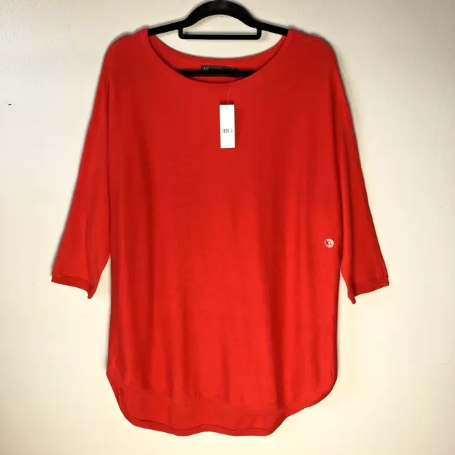 New York & Company Sweater Womens XL Red 3/4 Sleeve Tunic Top Lightweight Cotton