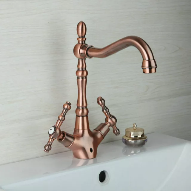 Antique Copper Bathroom Sink Faucet Swivel Spout Brass Mixer Deck Mounted Tap