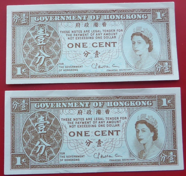 Two One Cent Banknotes Government Of Hongkong