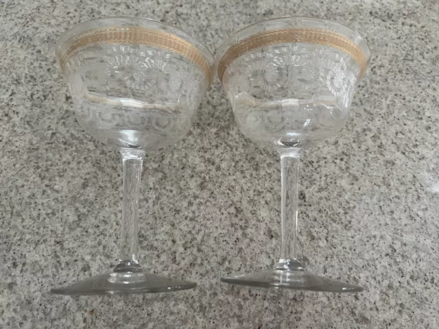 Set Of 2 Vintage Antique Etched Wine Glasses With Gold Gilt Rim