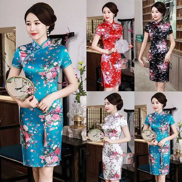 Abito da donna Cheongsam colletto in piedi lunghezza al ginocchio maniche corte