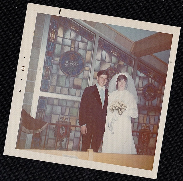Old Vintage Photograph Wedding Bride & Groom In Front of Stained Glass Windows