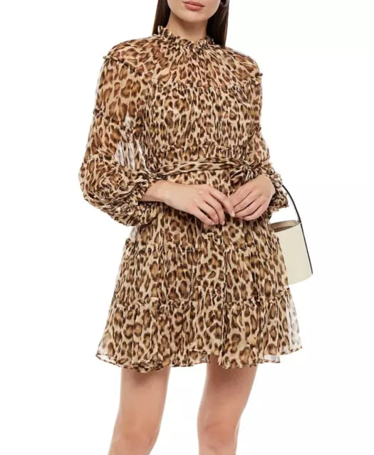 ZIMMERMANN Size 1 /AU 10 / US 6 Belted Tiered Leopard Silk Mini Dress Animal