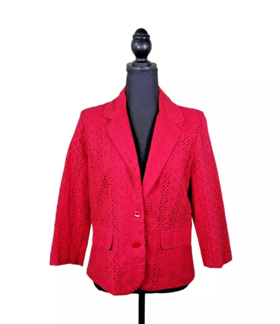 O Oscar de la Renta Womens 8 Pink Eyelet Buttoned Cotton Blazer 3/4 Sleeve Lined