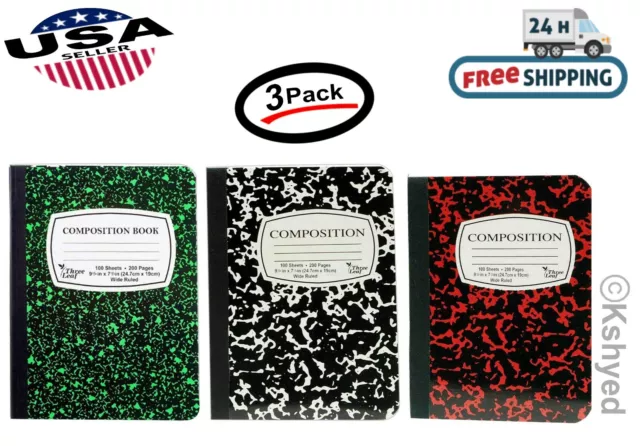 (3 Pack) Composition/Notebook Book, Wide Ruled Paper, 100 Sheets, 9-3/4"x7-1/2"