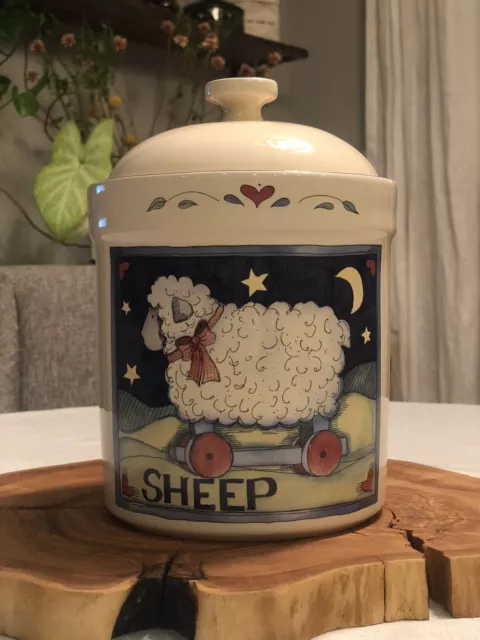 Susan Winget Folk Art Patchwork SHEEP 6.5" Ceramic Canister Jar w Airtight Lid