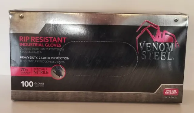 Venom Steel Nitrile Gloves Adult One Size Black  100 Count New Rip Resistant New