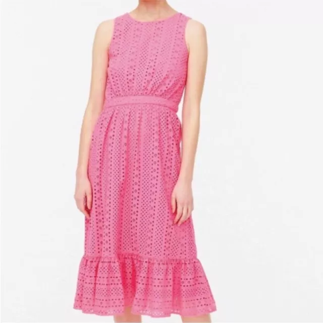 NWT J CREW Pink Cotton Eyelet Midi Dress Sleeveless Tiered Ruffle Size 12