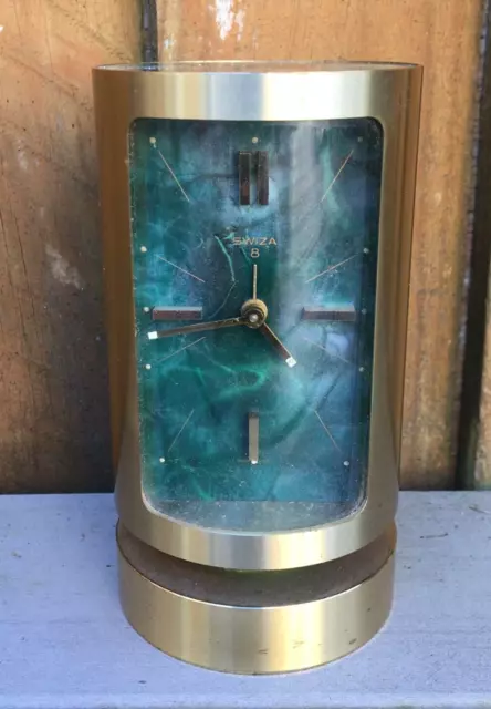 Vintage Swiss Mid Century Swiza Brass Cylinder/Green Onyx Effect Alarm Clock