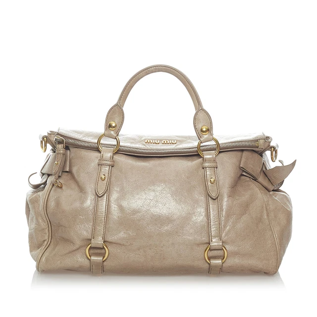 Authenticated Miu Miu Vitello Lux Bow Brown Beige Calf Leather Satchel