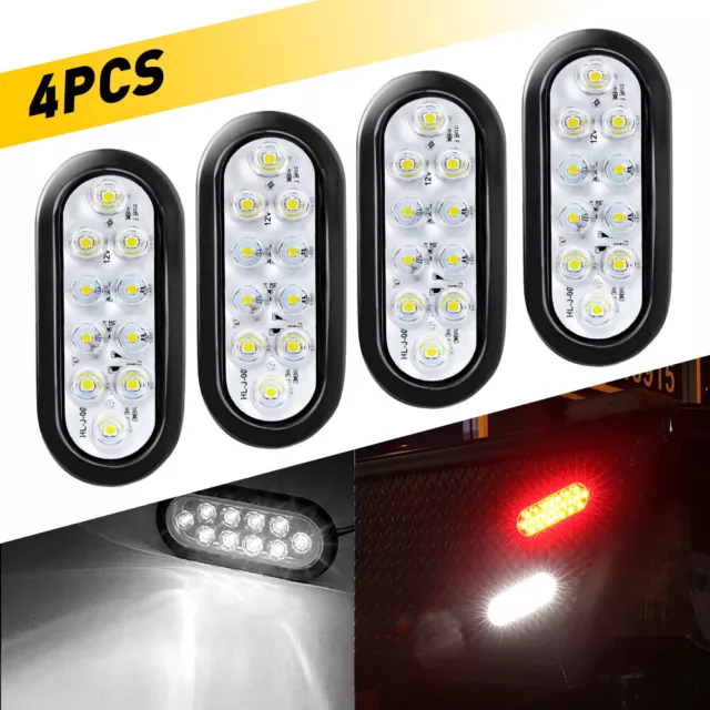 Oval White 10 LED Trailer Truck Reverse Backup Tail Lights Clear Lens 12V 4X 6"