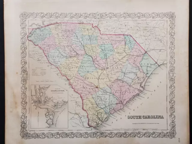 1855 Colton Map - South Carolina - 100% Genuine Antique