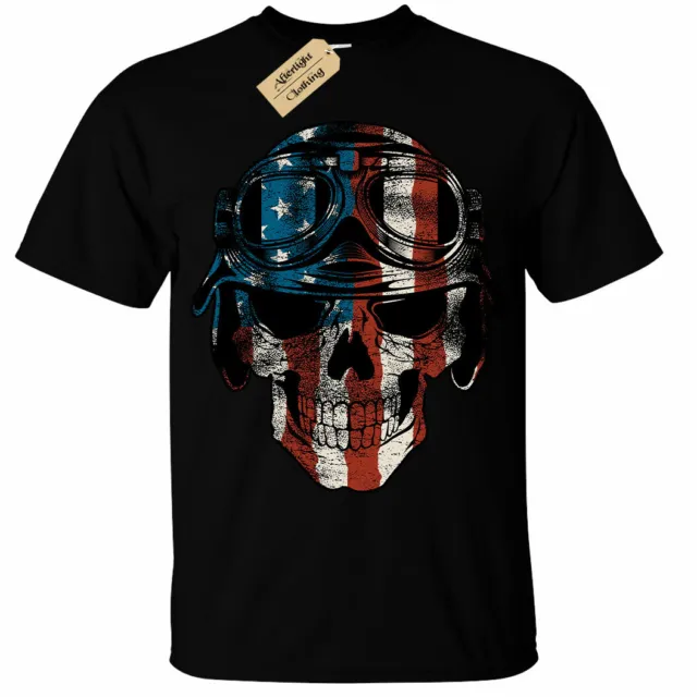 T-shirt USA Skull da uomo bandiera americana motociclista moto motociclista