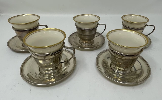 5 Gorham 8209 Sterling Silver Demitasse Cups With Lenox Porcelain Liners