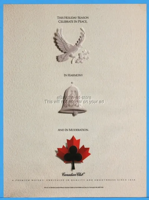 1992 Canadian Club Whisky Holiday Peace Dove Harmony Bell MODERATION Print Ad