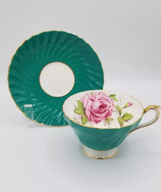 Aynsley Cabbage Roses Green Cup and Saucer Two Large Cabbage