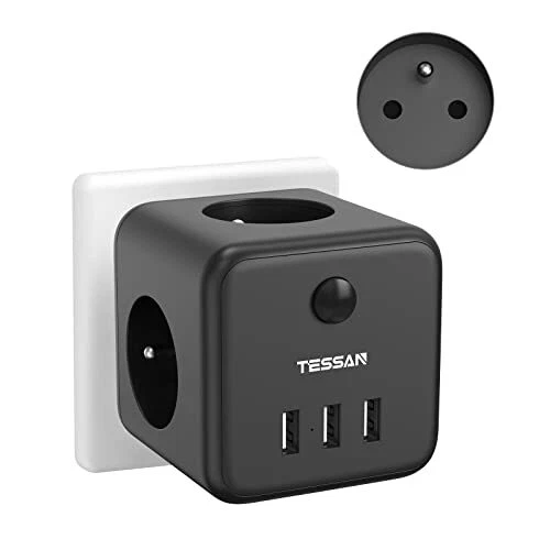 TESSAN Multiprise Murale Cube Multiple 3 Prises avec 3 USB Secteur 6 en 1 Pri...