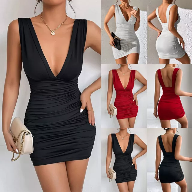 Womens Sexy Plunge V Neck Mini Dress Evening Cocktail Night Club Party Bodycon