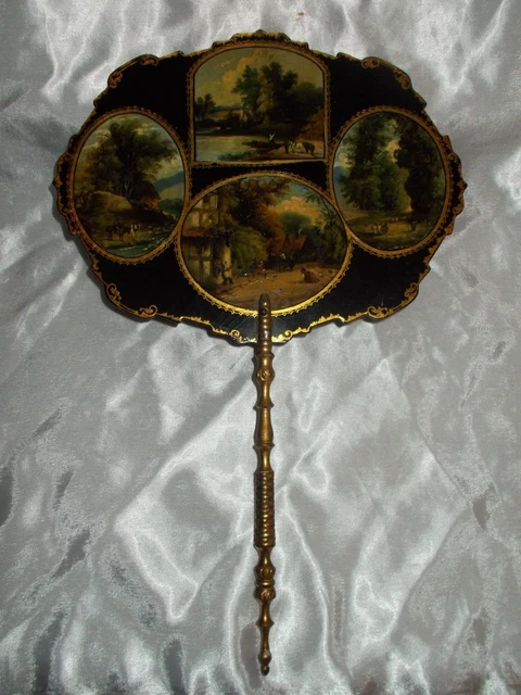 Antique Victorian Papier Mache Rosewood Face Screen Fan Hand Painted Miniatures