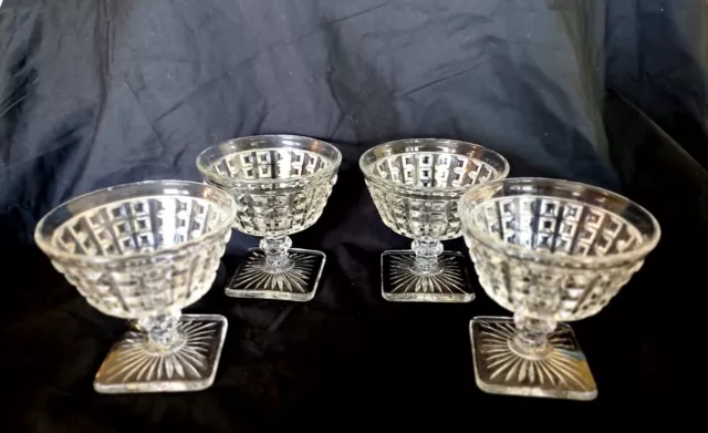 Set of 4 Imperial Monticello Waffle Crystal Glass Sherbets w Square Base