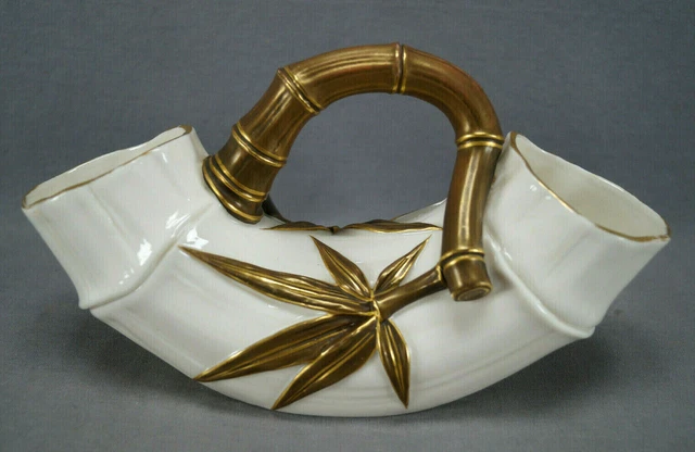 Royal Worcester Aesthetic Ivory & Gold 10 1/4 Inch Bamboo Porcelain Double Vase