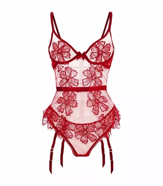 Agent Provocateur Seraphina S tattoo lace body suspenders 4 stockings sheer red 2