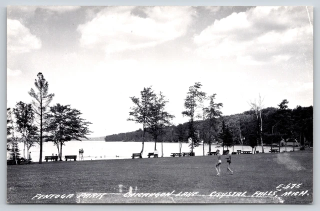 Crystal Falls Michigan~Chicaugon Lake Pentoga Park Beach~c1950 RPPC