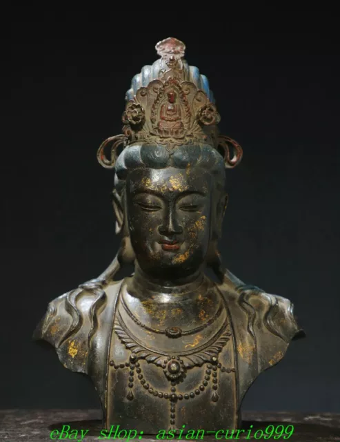 11.8''Old Chinese Bronze Gilt Painting Kwan-yin GuanYin Quanyin Buddha Statue