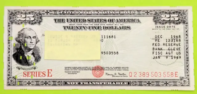 1968 - $25 US Savings Bond Series E  Washington Punch Card Fed Reserve Cleveland