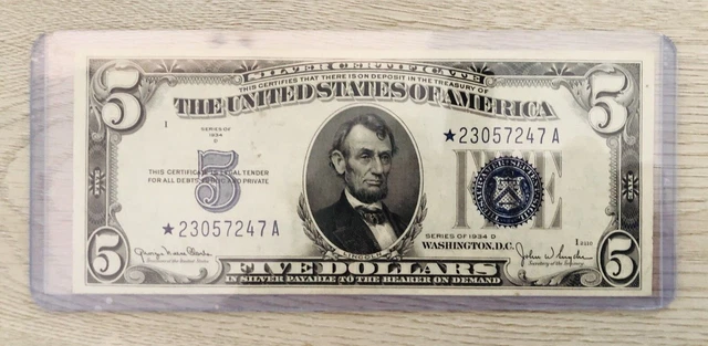 Series 1934-D $5 Dollar Blue Seal Silver Certificate In Plastic Sleeve