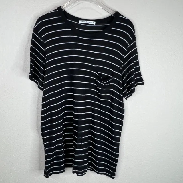 T by Alexander Wang Womens Pocket Tee Shirt Sz Medium Black Stripe Viscose Linen