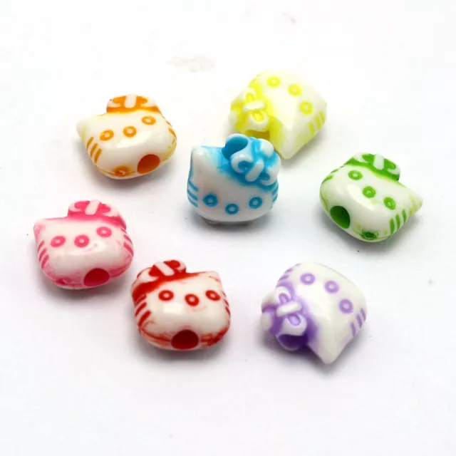 100 White with Mixed Color Acrylic Cute Cat Head Spacer Beads 10mm Craft DIY