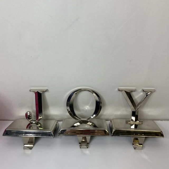 Christmas Stocking Holder JOY Silver Metal Shiny Stocking Hanger 3 Set