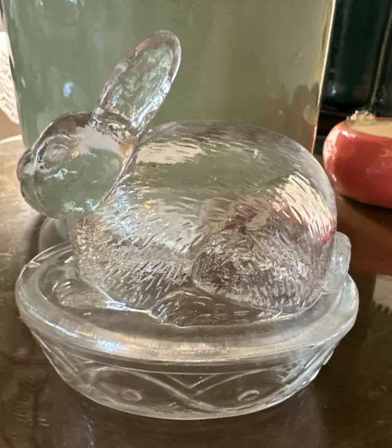 Vintage Clear Glass Bunny Rabbit on Nest Basket Candy Dish Easter by Galerie 5”