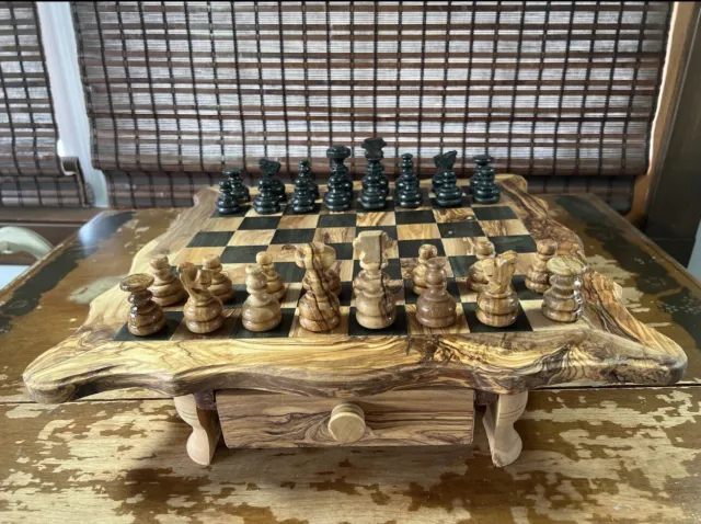 New Rustic Handmade Rustic Olive wood Chess Set 12” Board With Interior Storage