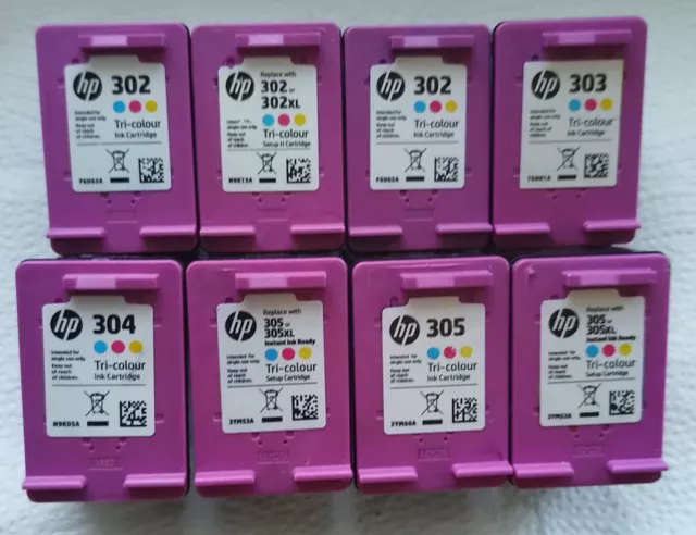 8 farbige, leere Druckerpatronen HP 302-303-304 und 305 (Original), dreimal XL