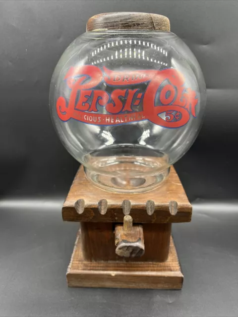 Vintage Pepsi-Cola Gumball Machine Glass Globe Wood Base Candy Dispenser Great