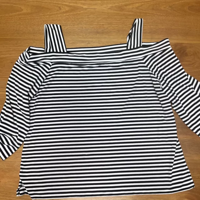 CHICO'S Sz 2 Black & White Striped Cold Shoulder 3/4 Sleeve Blouse Top