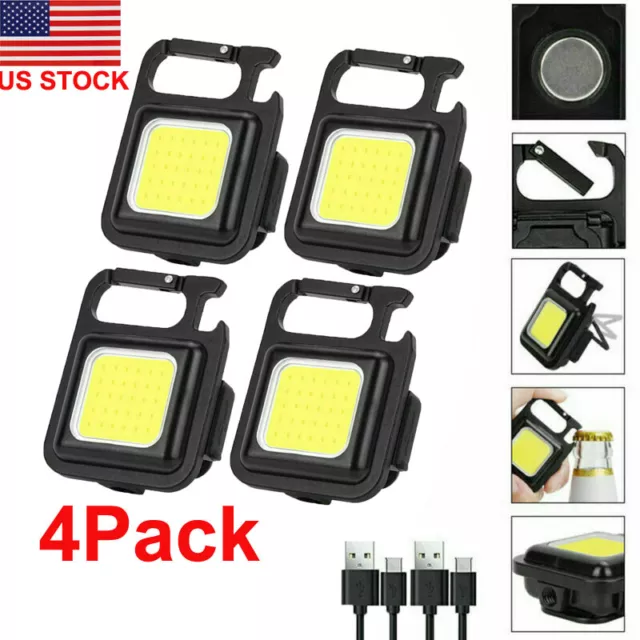 4PCS 800LM Mini LED COB Flashlights Bright Rechargeable Keychain Small Lights