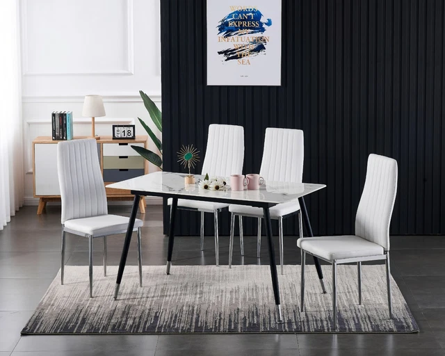 Marmor Effekt Glasplatte Esstisch und 4 Esszimmerstühle aus Kunstleder modern