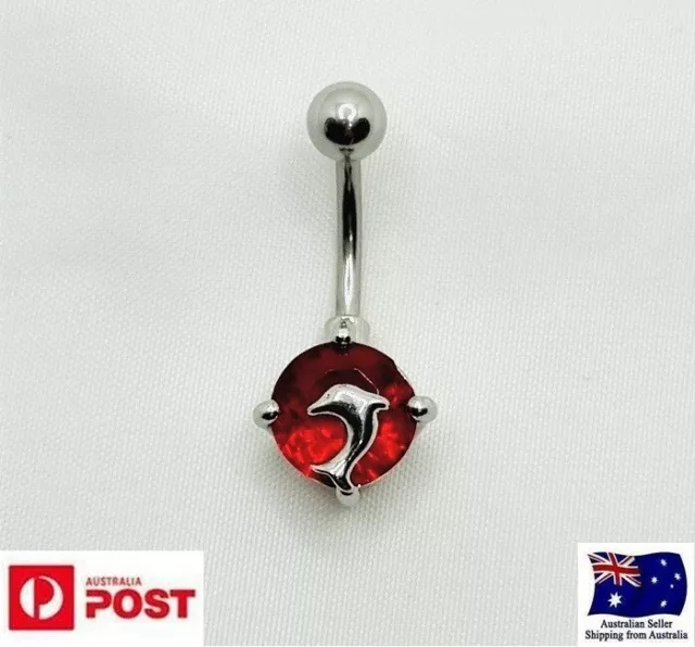 Red Round Gem And Dolphin Belly Bar Navel Ring Body Piercing Jewellery