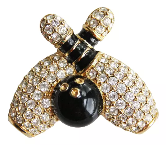 Swarovski Pave' Crystal Bowling Pins Enamel Ball Brooch Swan Stamp Vtg Pin