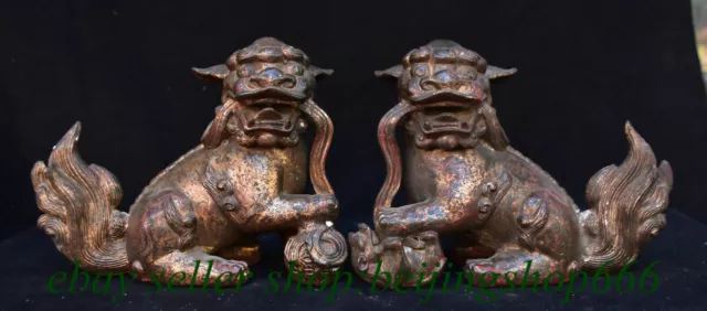8.4" Old Chinese Bronze Fengshui Foo Fu Lion Beast Statue Sculpture Pair