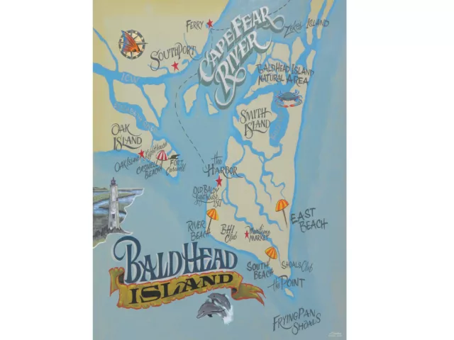 Bald Head Island Cape Fear map  Print , North Carolina Art, Beach House Decor,