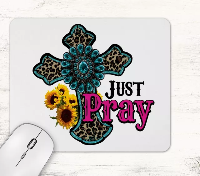 Just Pray Cross Sunflowers Christian Quote Neoprene Mouse Pad Desk Mat Rectangle